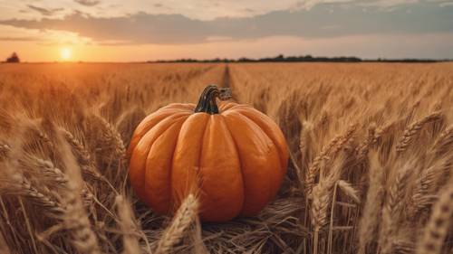 A ripe orange pumpkin in a field of golden wheat under a cloudless orange sunrise.