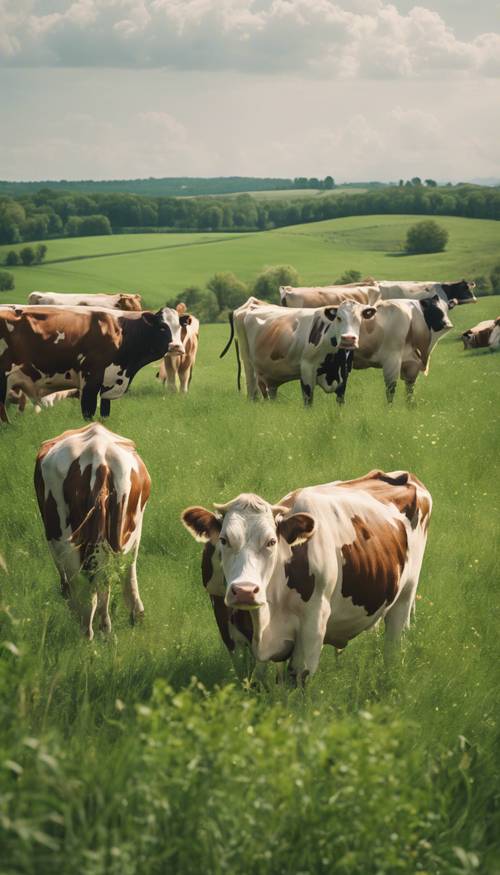 햇살 가득한 목초지에 에메랄드 그린 반점이 있는 소 떼를 묘사한 농장 장면.