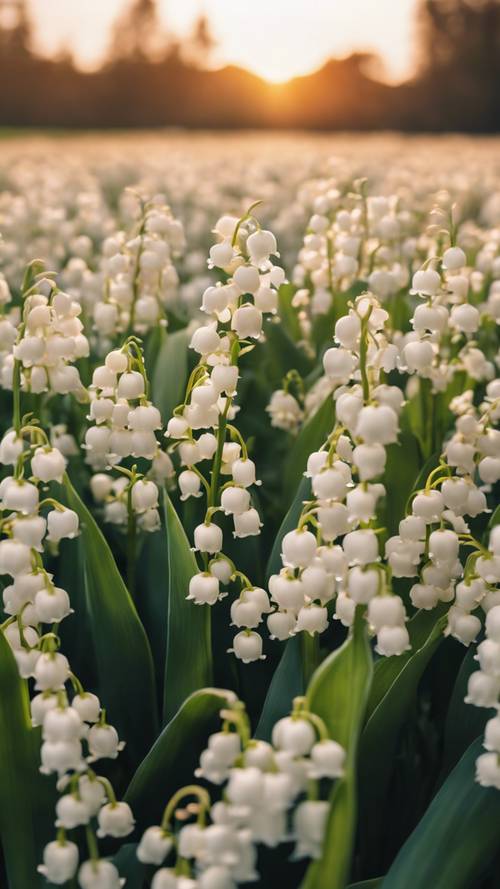 A field completely covered with blooming Lily of the Valley flowers at sunset.