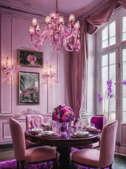 An elegant dining room with pink and purple embellishments.