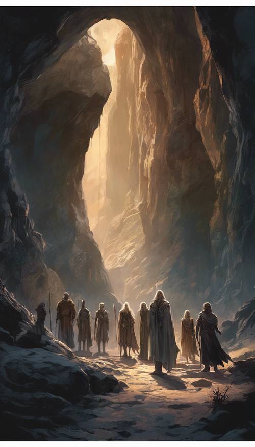 Un gruppo di coraggiosi avventurieri in piedi davanti all&#39;ingresso minaccioso di una caverna buia.