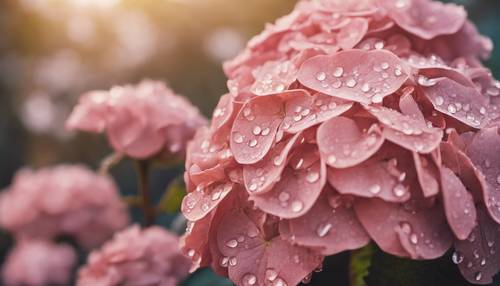 Pétales d&#39;hortensia vintage avec gouttes de rosée sous l&#39;aube rose.