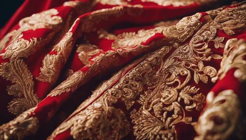 Una veste da re vintage realizzata in tessuto damascato rosso con ricami dorati.