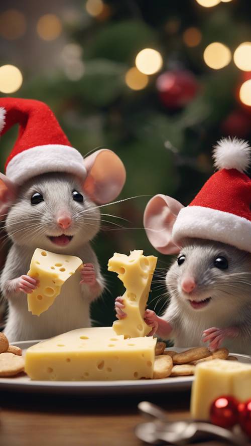 Przytulna scena przedstawiająca rodzinę rysunkowych myszy w świątecznych czapkach, dzielących się talerzem serów.