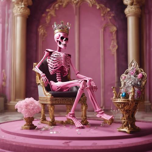 Esqueleto rosa usando uma coroa e sentado em um trono cravejado de pedras preciosas.