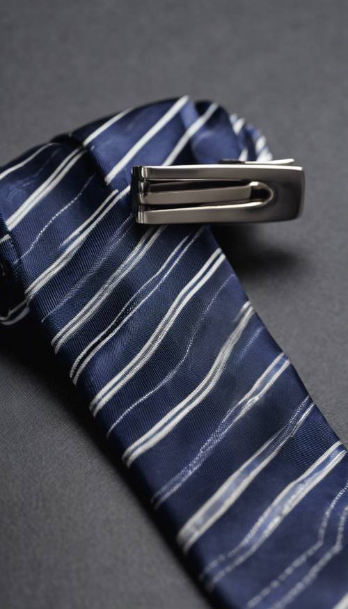 פרט תקריב של עניבה מפוספסת נייבי עם אטב עניבה כסוף מלוטש.