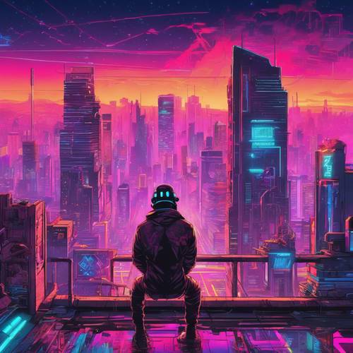 Uno skyline cittadino luccicante di vivaci colori al neon che si riflettono sul visore del protagonista cyberpunk.