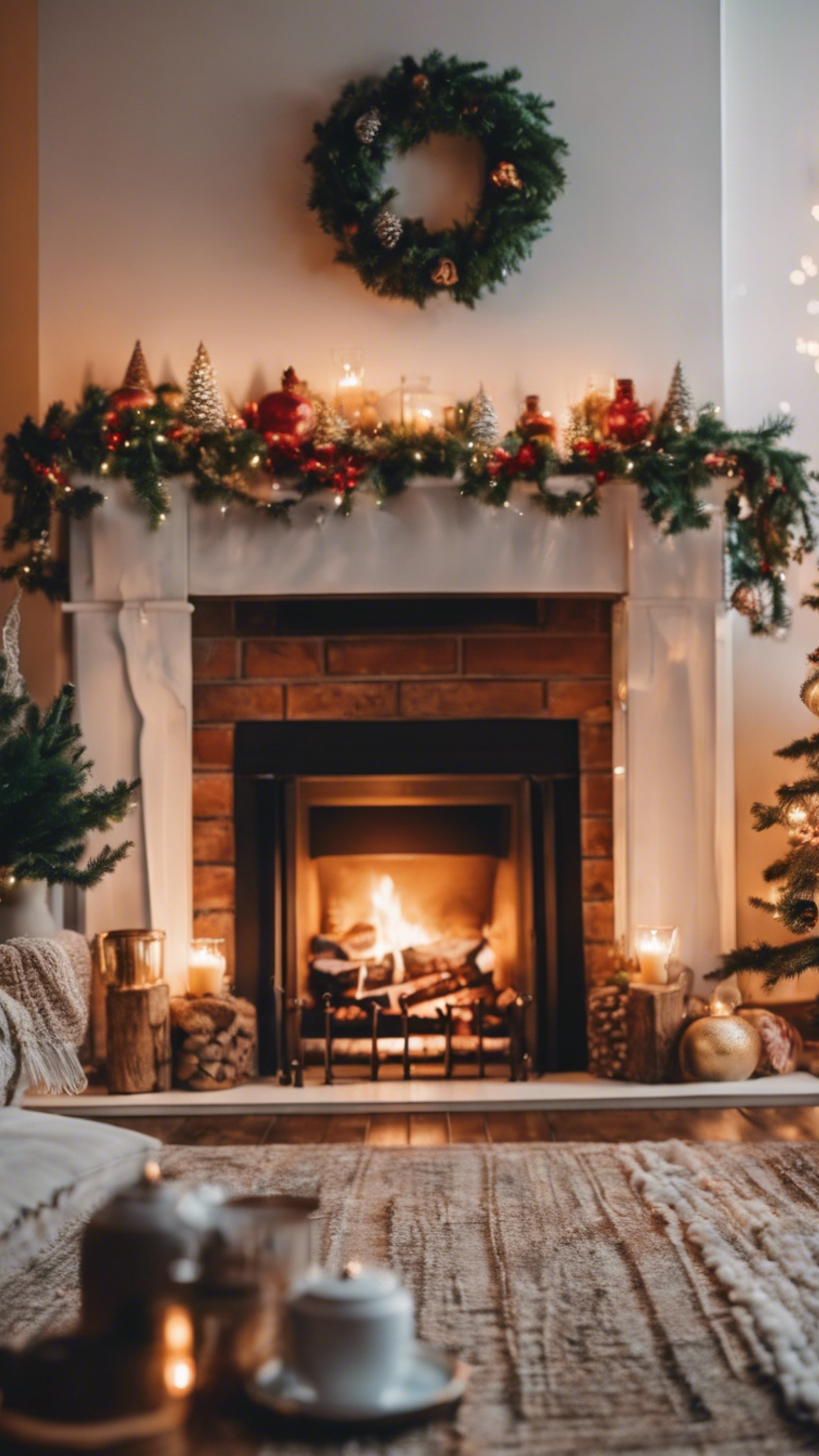 A cozy living room decorated for Christmas in boho style with a fireplace. 牆紙[2870ecc061ac4c6491a9]
