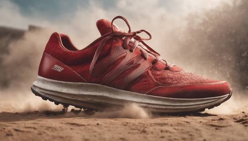 A red running shoe frozen in mid-air amidst a cloud of dust, capturing the raw speed of a sprinter.
