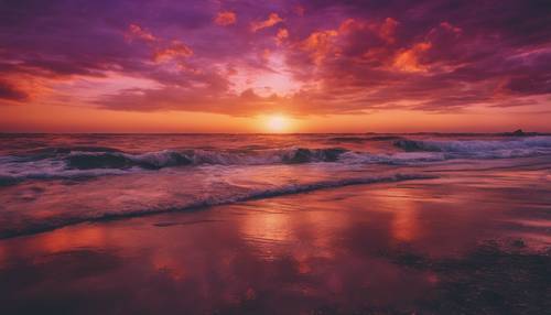 พระอาทิตย์ตกอันตระการตาเหนือมหาสมุทรอันเงียบสงบ ท้องฟ้าเป็นสีแดง ส้ม และม่วงที่หลอมรวมกัน