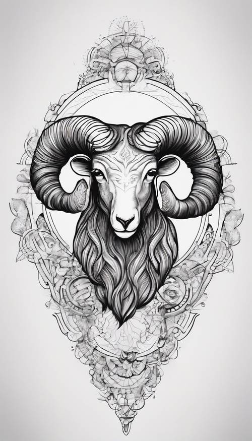 An elegant Aries-themed minimalist black and white line tattoo design.