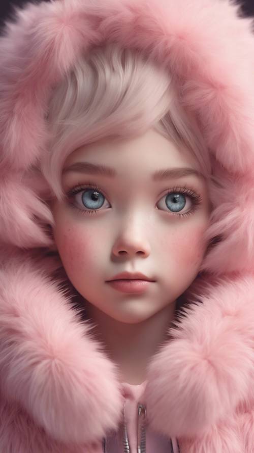 부드러운 파스텔 핑크 털로 뒤덮인 귀여운 카와이 캐릭터입니다.