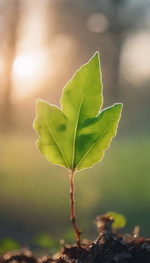 Ein junges grünes Blatt, das in den ersten Strahlen der Morgendämmerung aus einem Baum sprießt.