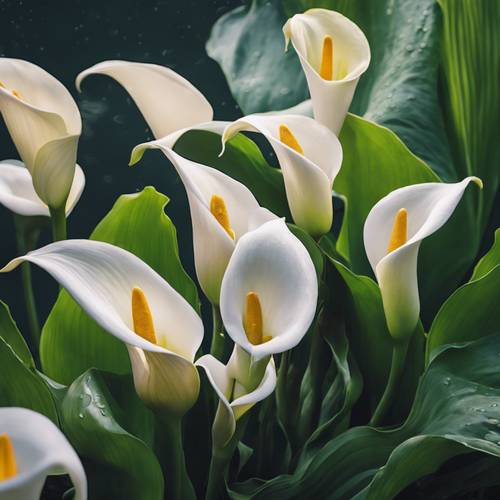 A cluster of enticing calla lilies growing by the side of a peaceful pond. Tapet [1f3b1efc89d746d68b19]