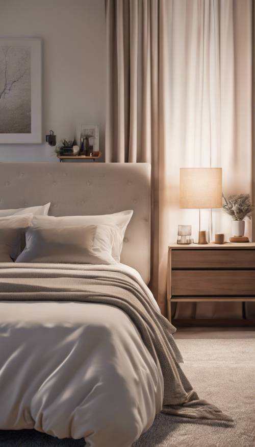现代化中性卧室，配有时尚的床、柔和的灯光和轻松的氛围。