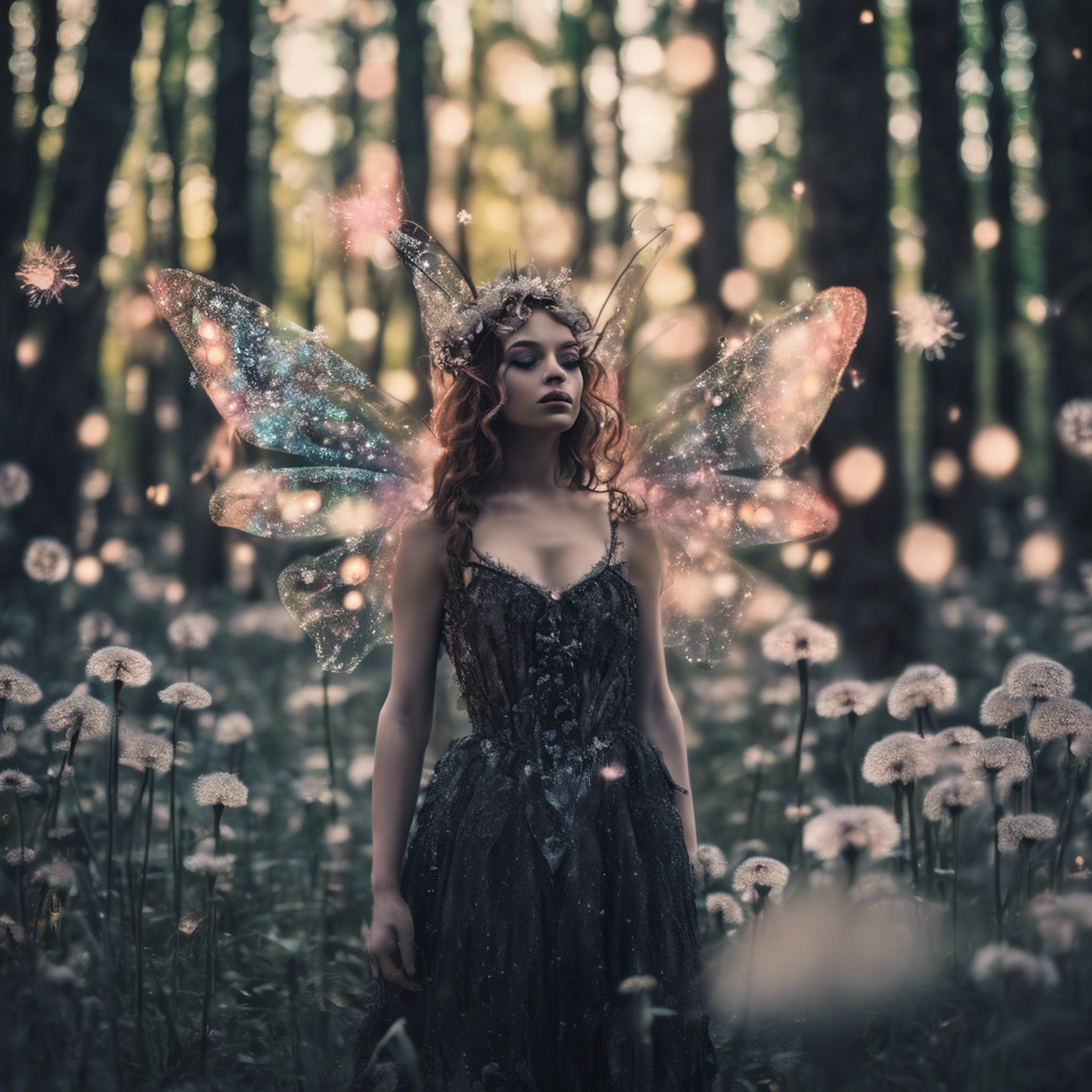 A whimsical gothic fairy flitting amongst shimmering neon dandelions in a magical forest. Wallpaper[faf2f07637684554a979]