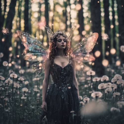 Une fée gothique fantaisiste voltigeant parmi des pissenlits au néon scintillants dans une forêt magique.