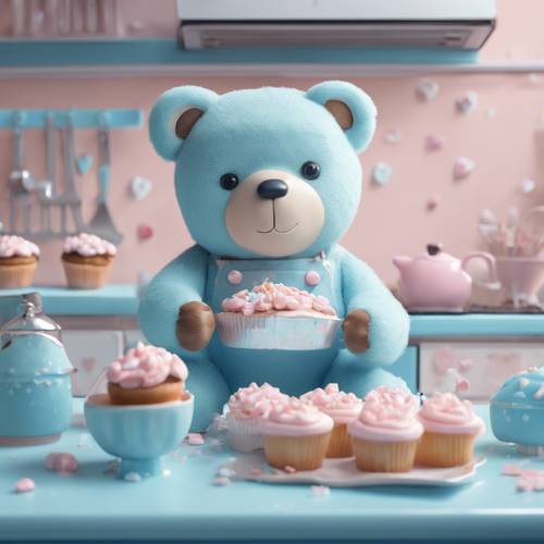 Adegan beruang yang sedang memanggang kue mangkuk bertema Kawaii di dapur berwarna biru pastel dengan hati kecil di sekelilingnya.