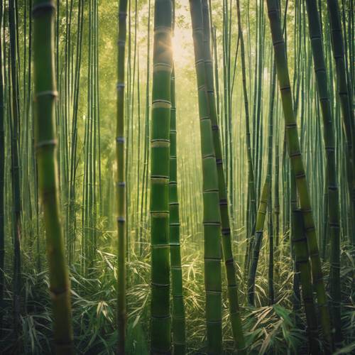 Une forêt de bambous dans une lumière matinale diffuse avec « Changez vos pensées et vous changerez votre monde » subtilement formé dans les motifs de lumière et d&#39;ombre.