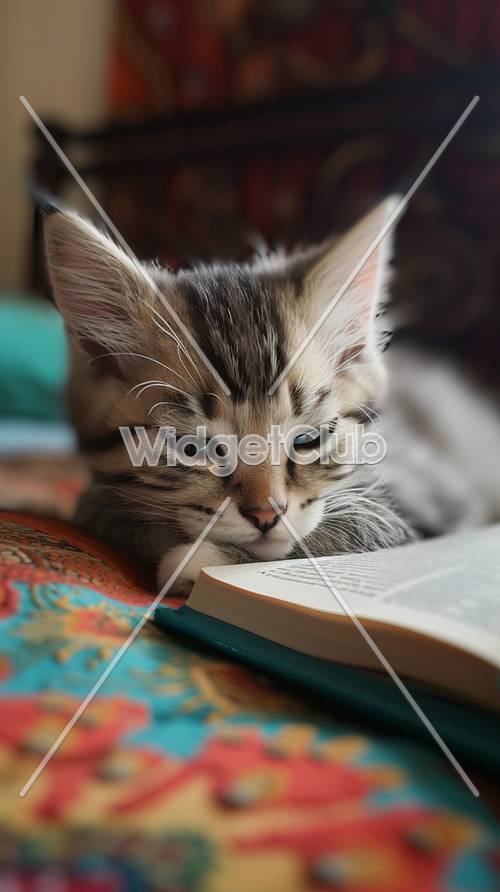 かわいい子猫が本を読んでくつろいでいる壁紙