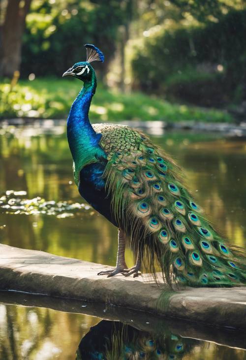 一隻虹彩綠孔雀站在池塘邊，倒映在純淨的水中。