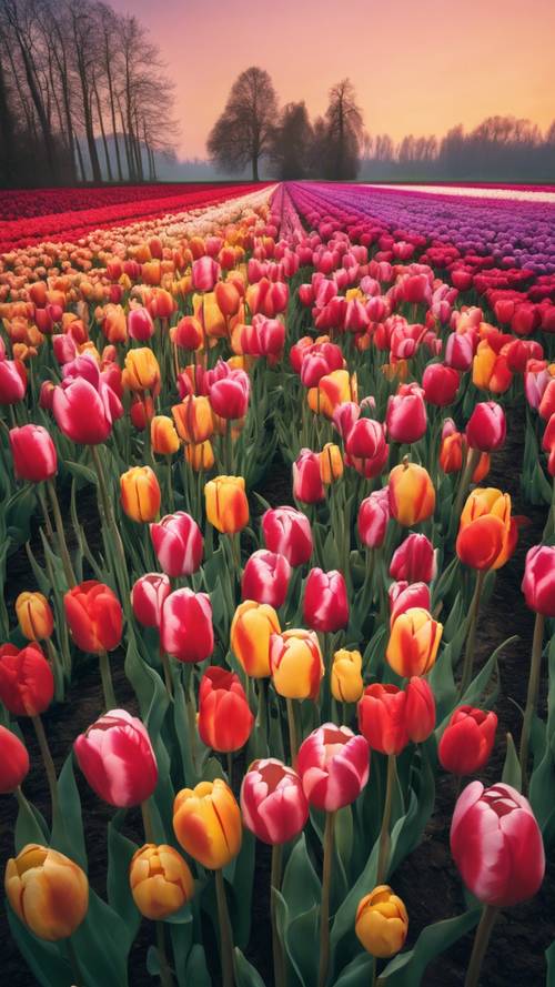 Colorful tulips arranged in a gradient pattern in an idyllic Dutch landscape.