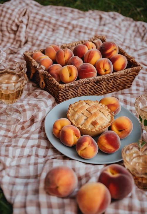Piknik preppy z motywem brzoskwiniowym z kocami w kratkę, szampanem, koszem wypełnionym świeżymi brzoskwiniami i ciastem schładzającym się na ręcznie robionym drewnianym stole.
