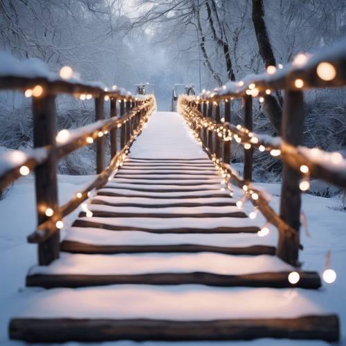 Un puente de madera decorado y cubierto de nieve que refleja sus luces navideñas blancas en un río sereno y congelado que se encuentra debajo.