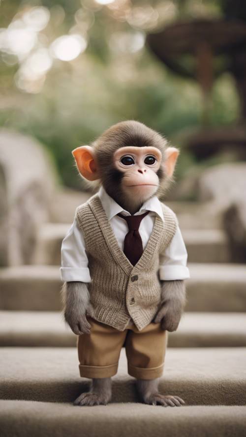 Młoda małpa w klasycznym stylu preppy z kaszmirową kamizelką, spodniami khaki i mokasynami.
