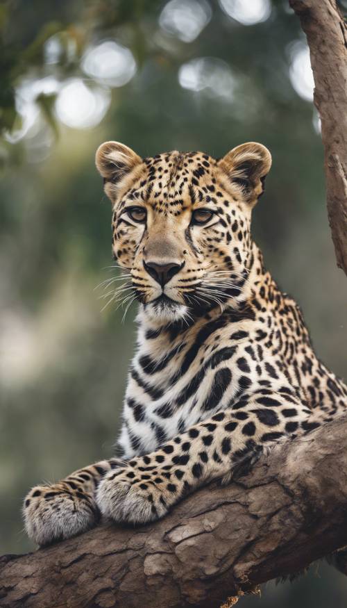 Uma cena tranquila de um leopardo com manchas neutras pousado em um galho de árvore.