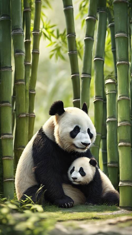 A mother panda teaching her cub to climb a bamboo tree in a tranquil jungle setting.