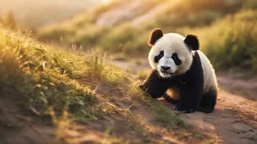一只小熊猫幼崽在温暖的金色落日余晖下顽皮地从山上滚下来。