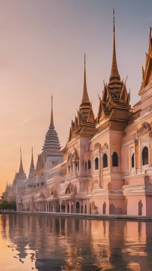 A panoramic view of a grand palace under the soft hues of a sunset.