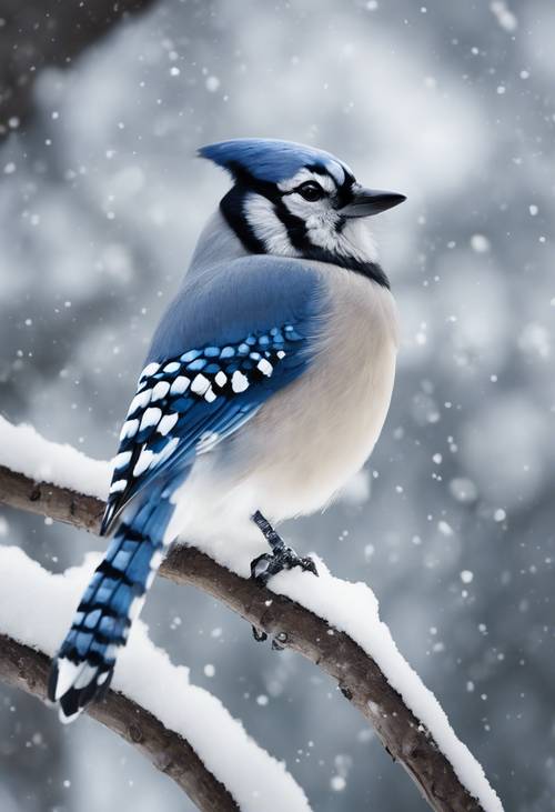 Ein dicker Blauhäher thront auf einem schneebedeckten Ast und blickt den Betrachter neugierig an.