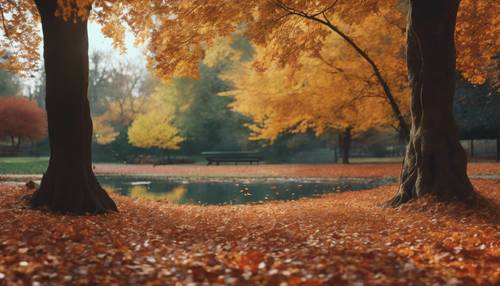 Herrliche Herbstfarben erfüllen die Aussicht in einem ruhigen botanischen Garten, während eine kühle Brise die gefallenen Blätter wirbelt