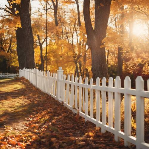 A white picket fence surrounded by mature trees showcasing their beautiful fall foliage in the late afternoon sun.