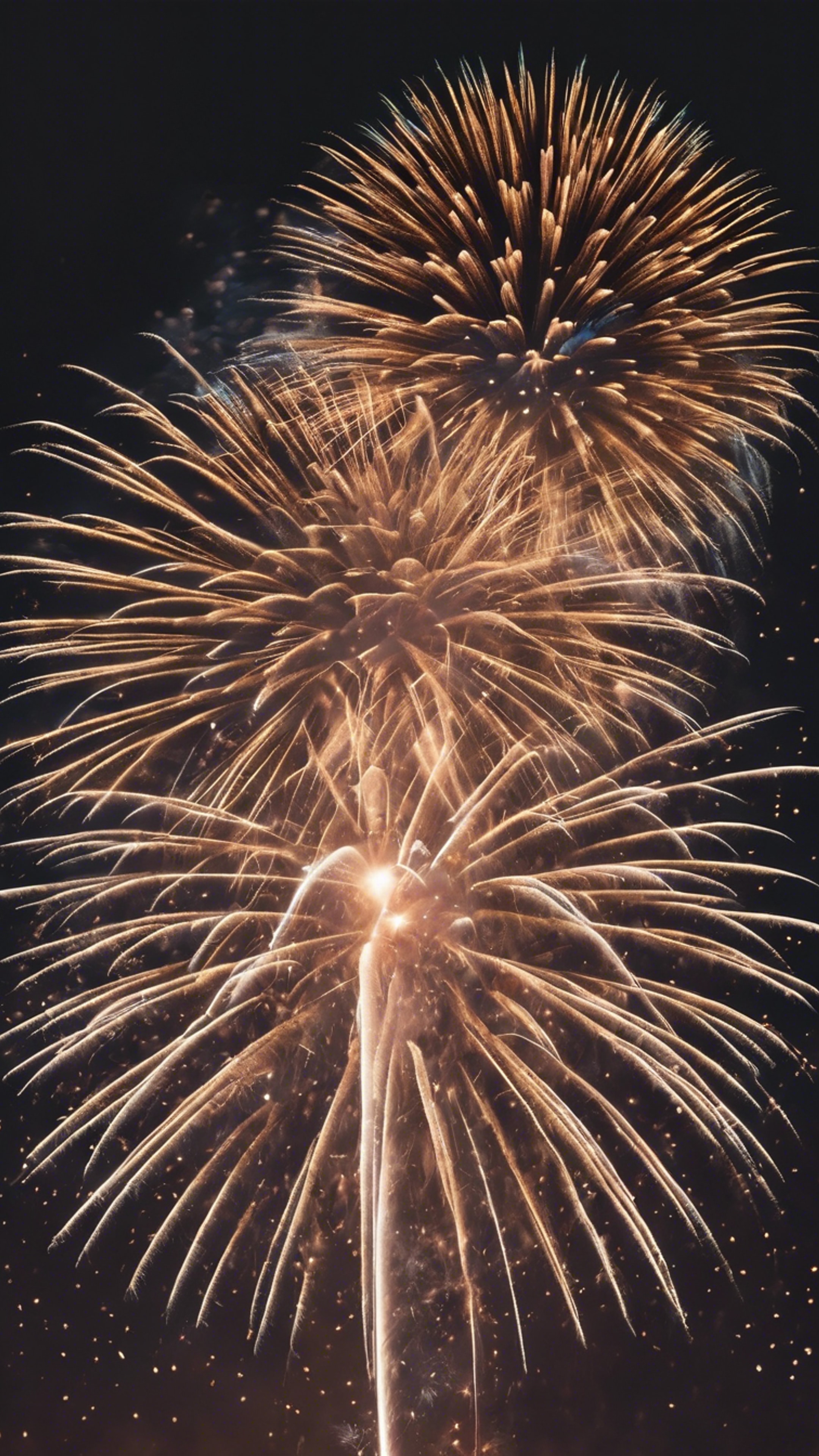 An image of a large detailed fireworks display illuminating the night sky during a New Year's celebration. Wallpaper[4449eb809ead4bc3a95f]