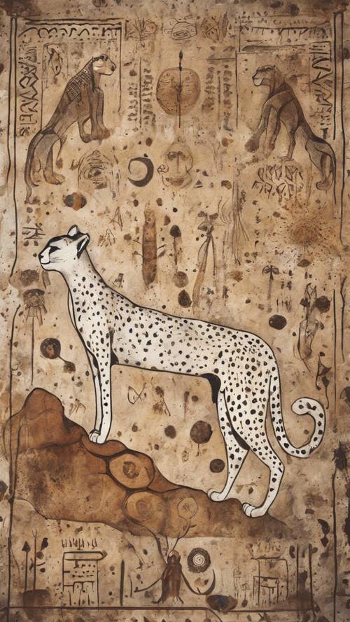 An ancient cave painting featuring a white cheetah amongst tribal symbols.