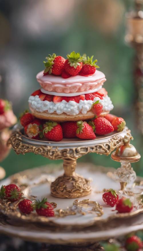 A miniature strawberry shortcake on a whimsical fairy's tea table.
