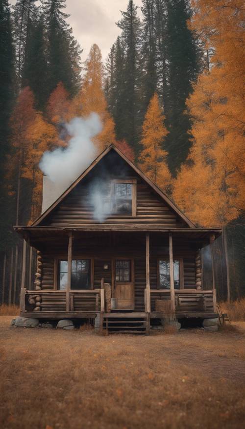 Une image semblable à une peinture d&#39;une cabane en bois avec de la fumée s&#39;élevant de la cheminée à Thanksgiving.