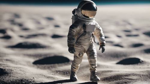穿着宇航服的男孩在类似月球的表面上行走。