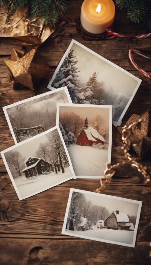 Charming vintage Christmas postcards fanned out on an antique wooden table, displaying idyllic winter scenes and festive greetings. Tapeet [22b4853302ca4e68a9b8]