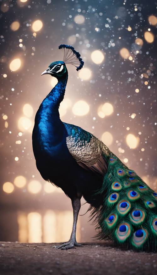 A black peacock in the midst of a dynamic dance under the gentle moonlight. Tapeta [887f91db5a134ea6a535]