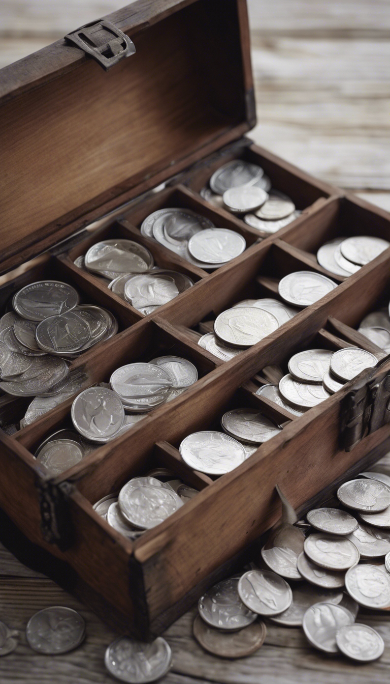 Piles of shimmering silver coins in a vintage wooden chest. טפט[3f37ab72479a48178139]