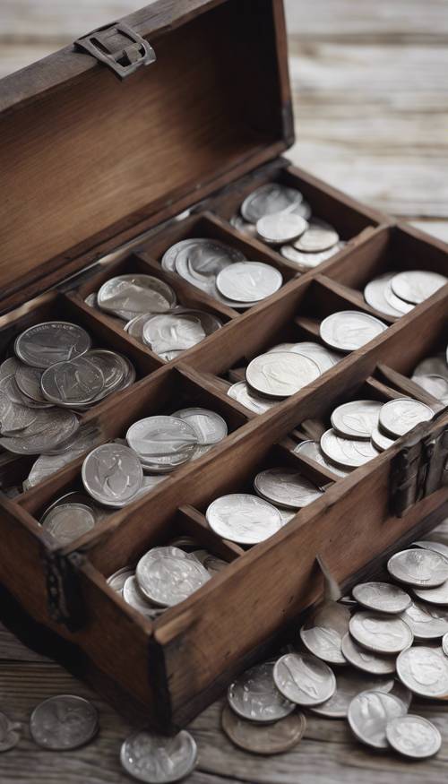 Eski bir ahşap sandıkta parıldayan gümüş para yığınları.