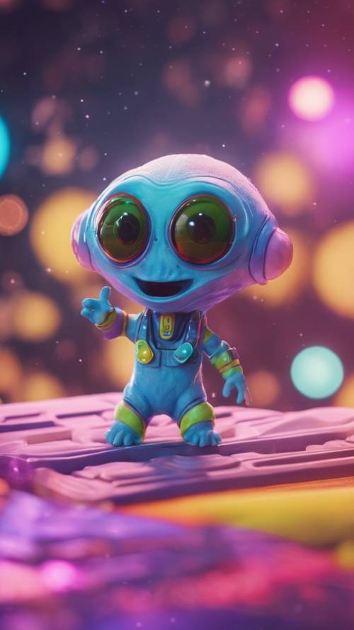 A cute and friendly alien creature waving a friendly hello from their brightly colored spaceship.