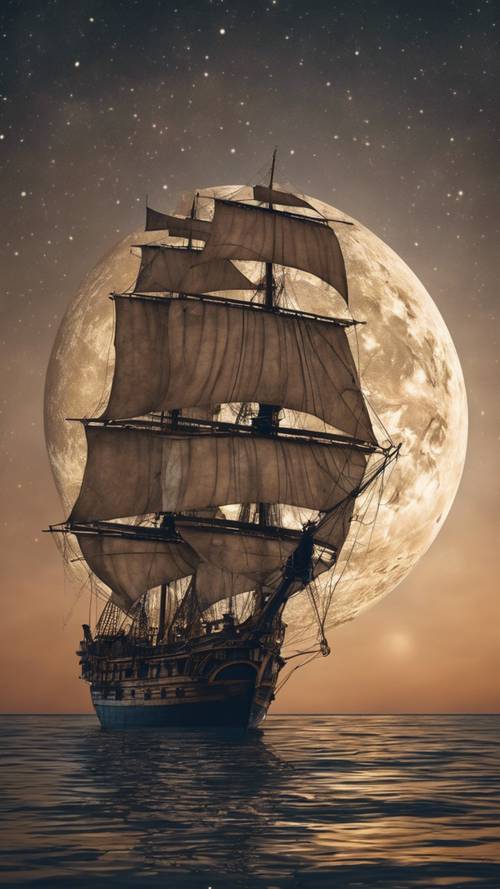 Un voilier antique faisant le tour du monde sous la sérénité d’un croissant de lune.
