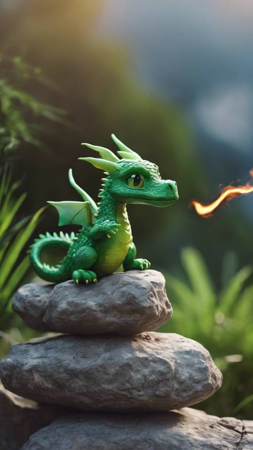 A cute grass-green dragon perched on a rock and playfully blowing tiny fire rings.