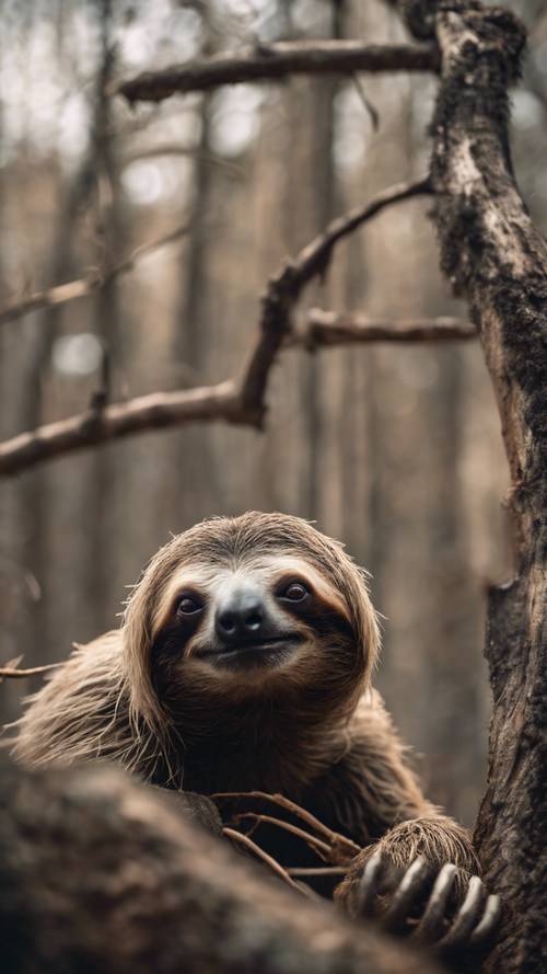 A sloth gazing sadly at its leafless home in a devastated forest.