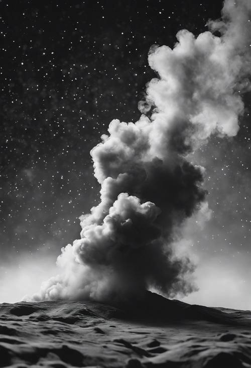 星空の背景に、黒と白の煙が一緒に踊る